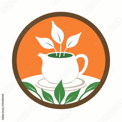 White Teapot with Green Leaves Logo on Orange Circle