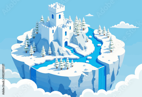 Winter Castle on Floating Island with Waterfall