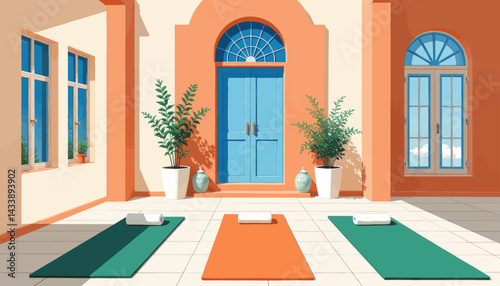 Yoga Studio with Mats, Plants, and Blue Door