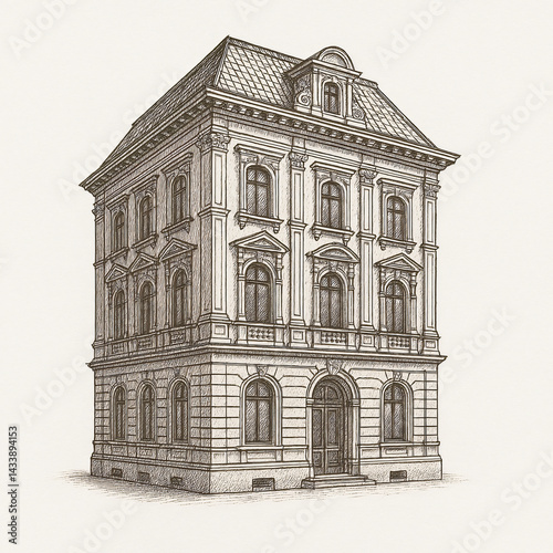 Hand Drawn Vintage European Building – Classic Architectural Line Art Illustration