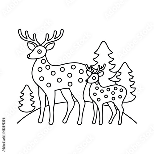 Cute deer family with christmas trees outline illustration perfect for winter holiday coloring pages