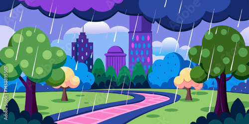 Beautiful raining scene in modern urban city vector