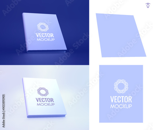 Realistic hardcover book mockup or scrapbook. Cover design template. Perspective view. Blank sheet in tone of cover included. 3d vector illustration.