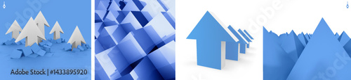 3D arrows point upwards and rank one after another in descending order or pierce chaotically across the surface. Pyramids in perspective. Background of ordered cubes. Business concept of leadership.