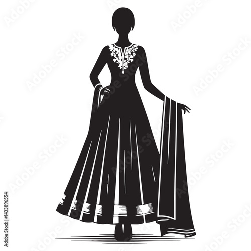 Regal Anarkali Suit silhouette, royal design with flair – Anarkali Suit illustration – Minimalist Anarkali Suit vector – Ladies dress silhouette

