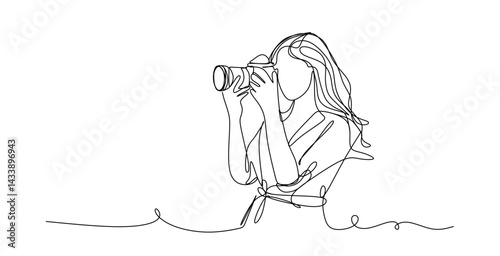 continuous single line drawing of woman with DSLR camera taking pictures  line art vector illustration