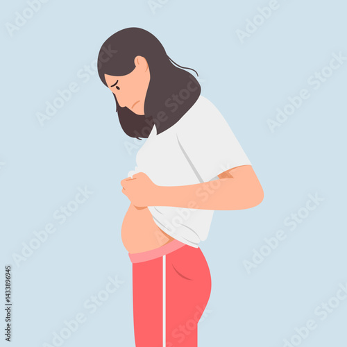 Woman sad and unhappy about obesity, excess fat. Worried and stressed weight. Flat design vector