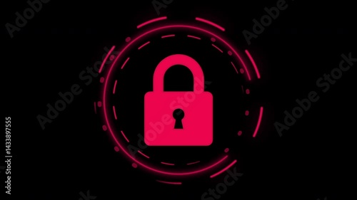Red Neon Glowing Lock Animation - Cybersecurity Padlock Icon with Alpha Channel - Smartphone VPN and Data Privacy Concept - Animated Security Symbol on Black Background for Tech Protection Themes