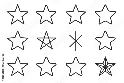Icon set featuring various star shapes designed for creative graphic projects and digital art applications
