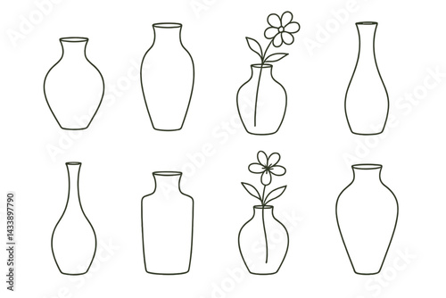 Creative icon set featuring minimalist vase designs with and without floral elements for digital applications