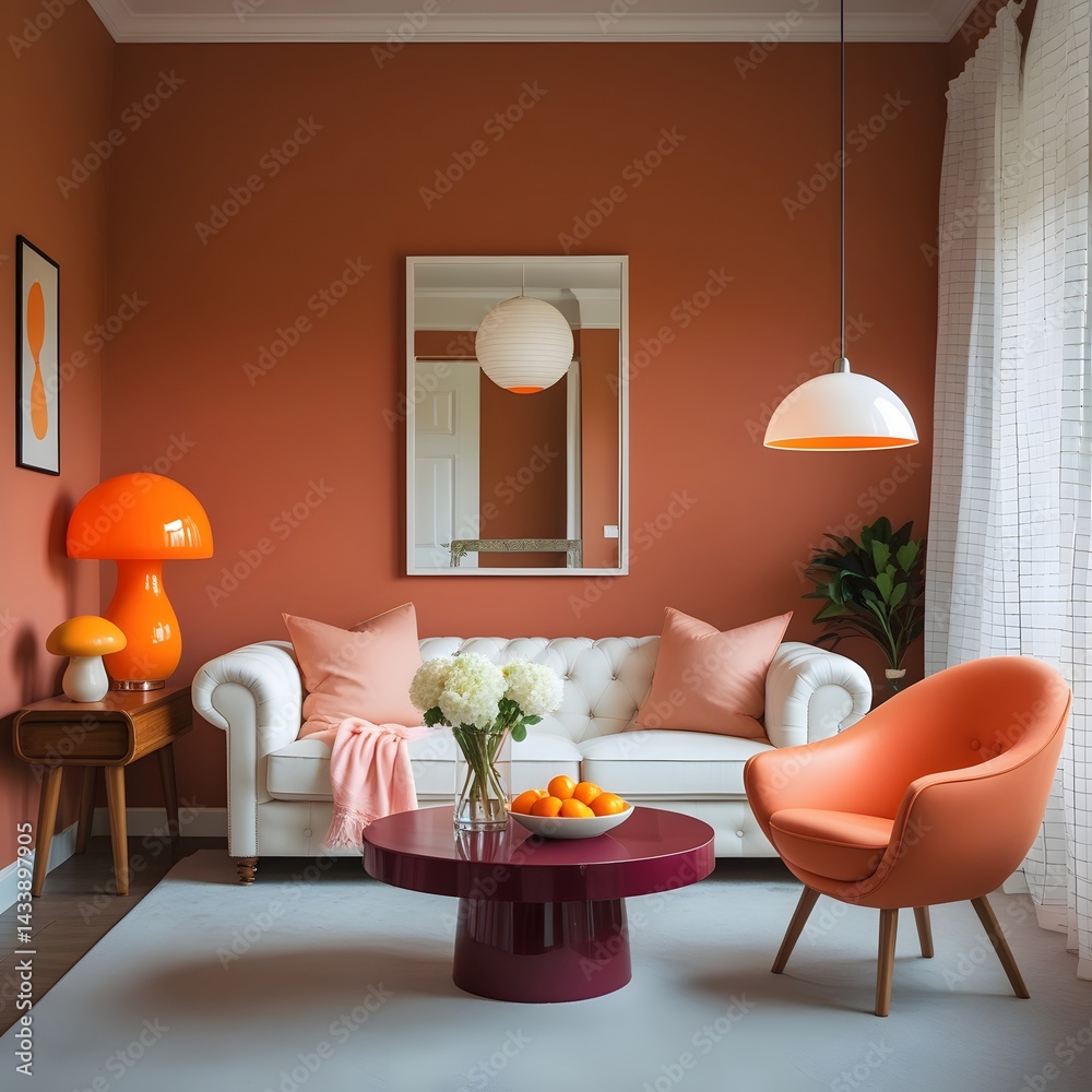 Fototapeta premium This modern living room interior features a contemporary design with a fireplace, comfortable furniture, and ample light from a large window, creating a luxurious and inviting home space