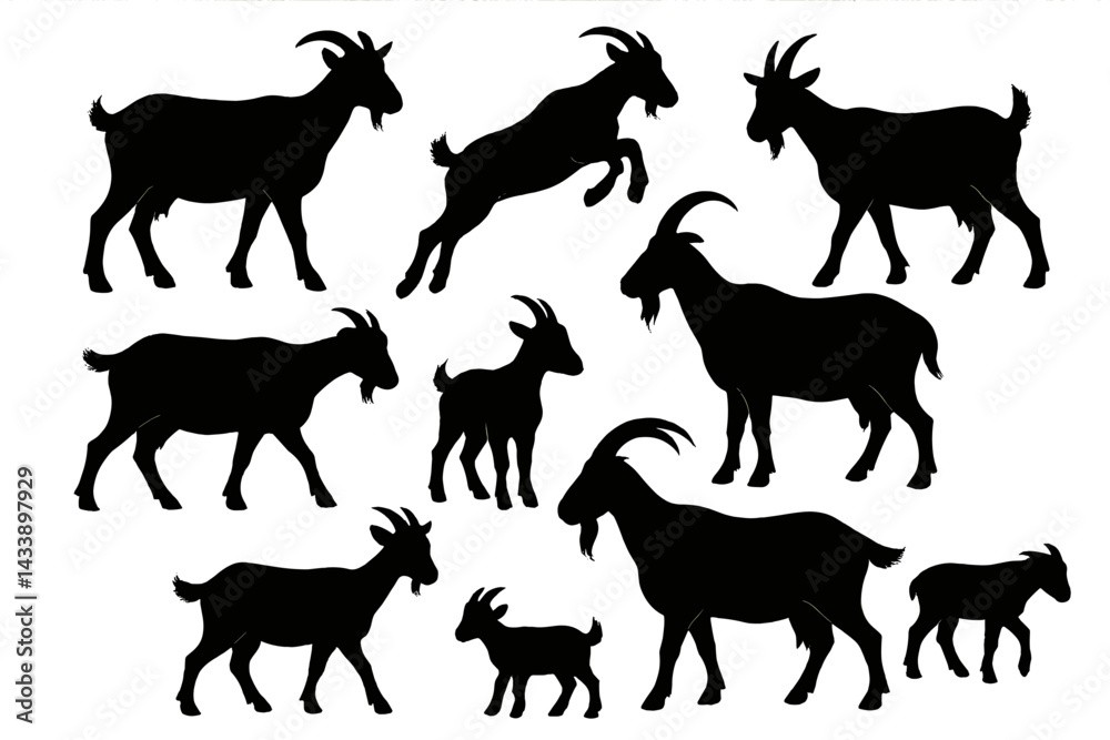 Obraz premium Silhouettes of goats representing various postures and activities in a simple icon set
