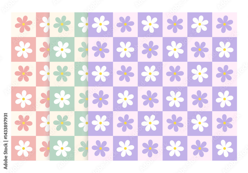 Set of daisy flower on checkered purple, green and pink background. Vector illustration flower seamless pattern for background, wallpaper, wrapping and textile. Set of daisy flower on checkered purple, green and pink background. Vector illustration flower seamless pattern for background, wallpaper, wrapping and textile.