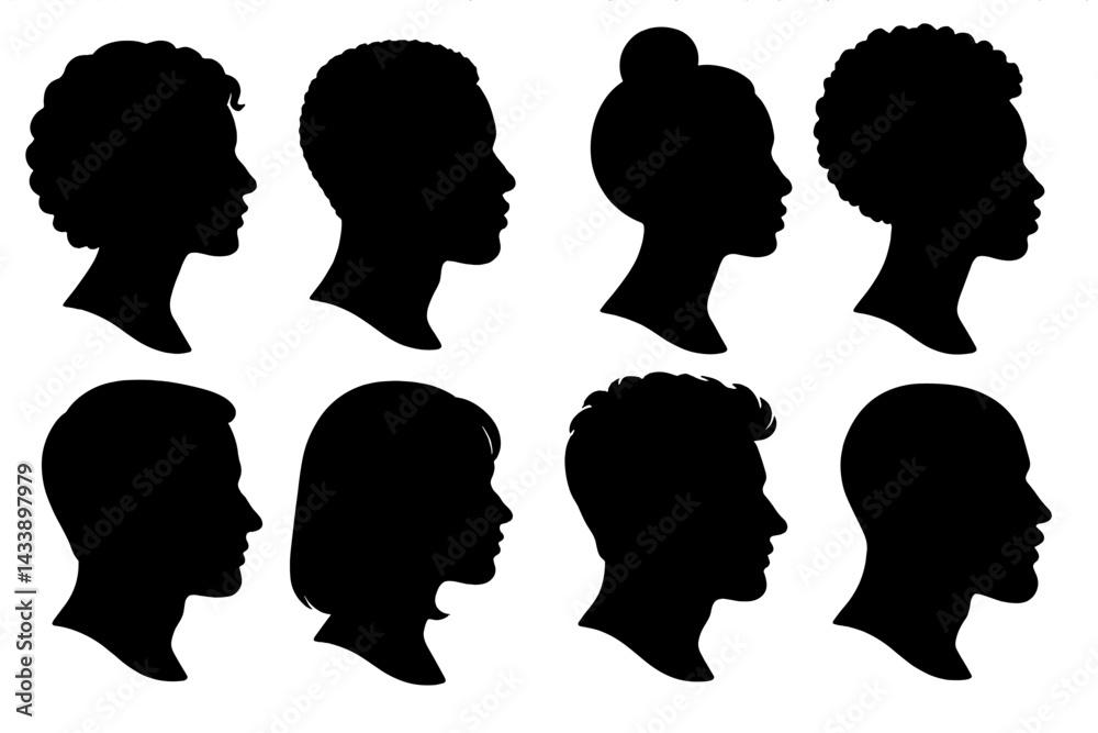 Identifying diverse silhouettes of human profiles in various hairstyles and genders showcased in a unique icon set Identifying diverse silhouettes of human profiles in various hairstyles and genders showcased in a unique icon set