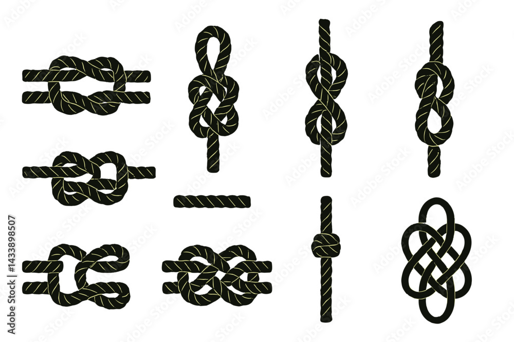 Various knot designs and configurations showcasing different techniques and styles in a cohesive icon set for practical usage
