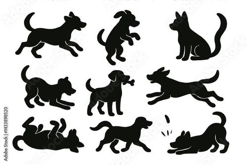 Icon set of various playful dog and cat silhouettes in dynamic poses showcasing their playful nature