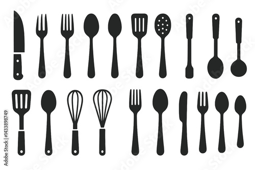 Icon set featuring various kitchen utensils and tools for cooking and baking