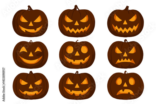 Icon set showcasing various carved pumpkins with spooky and funny expressions for Halloween celebrations