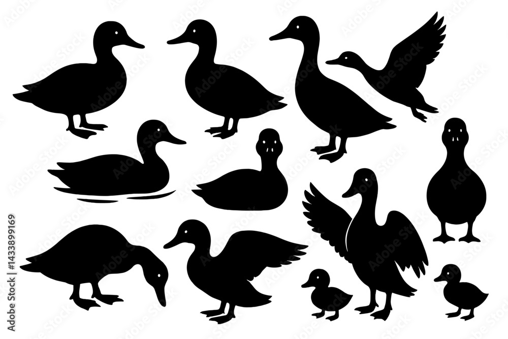 Obraz premium Diverse collection of duck icons showcasing various poses and activities for design projects