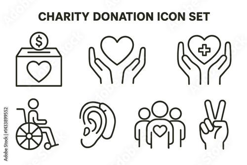 Charity donation icon set featuring symbols for giving, support, and community engagement in various formats