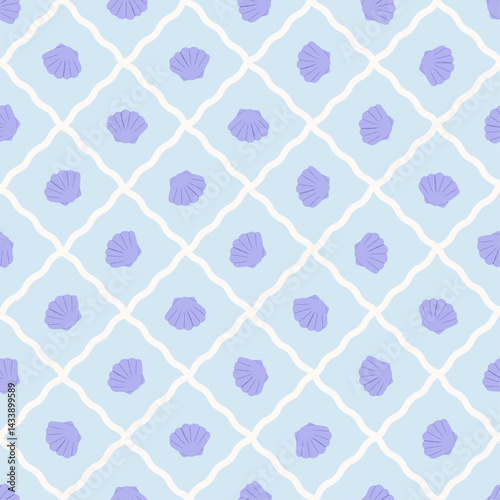 Purple seashell on blue square background with wavy white lines. Vector illustration seamless pattern for background, wallpaper, wrapping and textile.