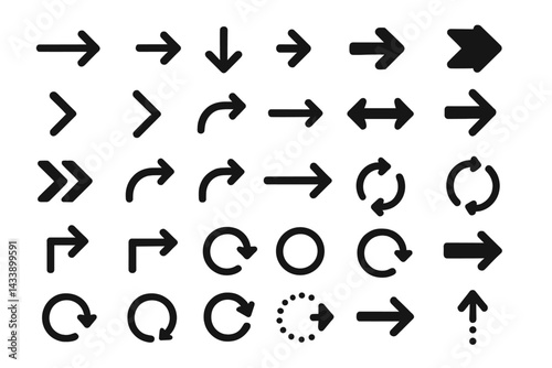 Icon set featuring various arrow designs and circular shapes for directional indication and user interface applications