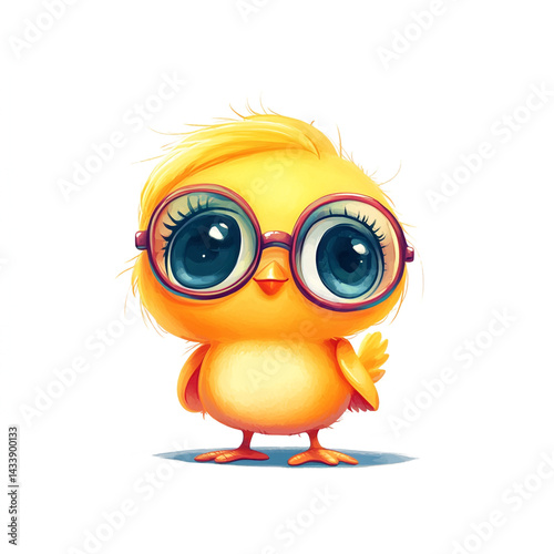A cheerful, cartoon-style yellow chick wearing black-rimmed glasses on a simple white background, exuding charm and playfulness.