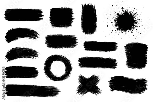 Collection of black brush strokes and splatters for artistic design and digital projects