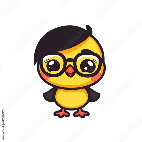 A cheerful, cartoon-style yellow chick wearing black-rimmed glasses on a simple white background, exuding charm and playfulness.