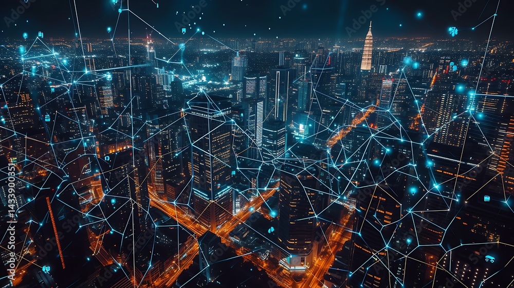 Fototapeta premium Futuristic City Network at Night
