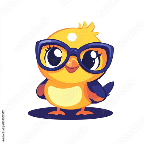 A cheerful, cartoon-style yellow chick wearing black-rimmed glasses on a simple white background, exuding charm and playfulness.