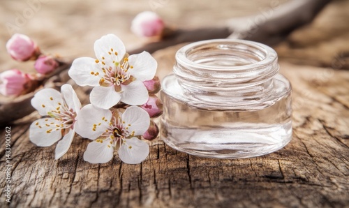 On a wooden surface, almond blooms are paired with a moisturizing cream