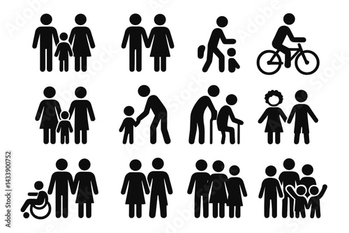 Icon set featuring various human activities and relationships in a simple, clear design