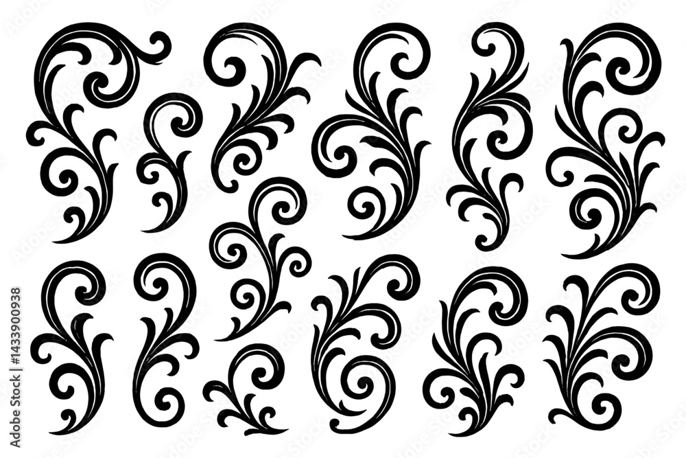 Elegant black floral icon set showcasing intricate swirls and curves for decorative purposes in design projects Elegant black floral icon set showcasing intricate swirls and curves for decorative purposes in design projects