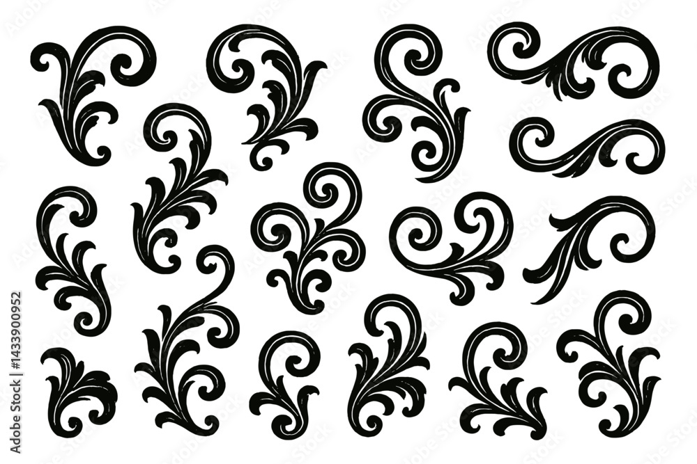 Elegant icon set featuring ornate decorative swirls and flourishes for art and design projects Elegant icon set featuring ornate decorative swirls and flourishes for art and design projects