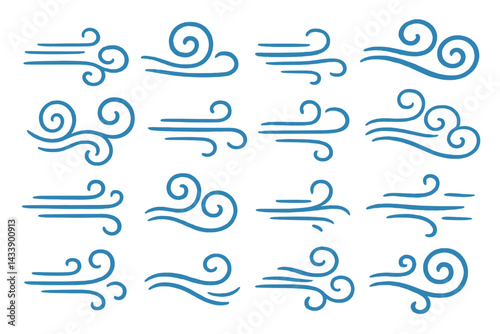 Stylized icon set showcasing various representations of wind, capturing motion and flow in a creative design for diverse applications