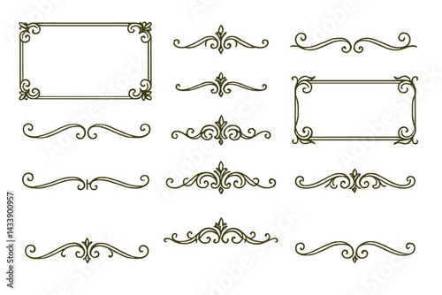 Elegant icon set featuring decorative frames and flourishes for design projects and creative applications