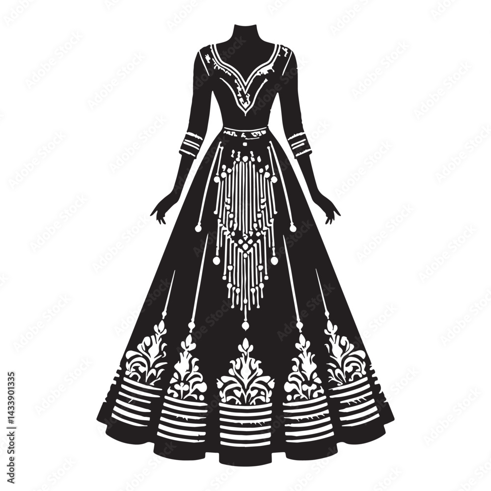 Obraz premium Flowing Indo-Western Gown silhouette, stylish fusion wear for all occasions – Indo-Western Gown illustration – Minimalist Indo-Western Gown vector – Ladies dress silhouette