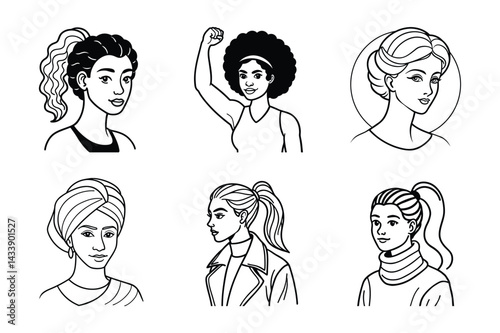 Black and white vector illustrations of women with various hairstyles, including ponytails, afros and turbans, showcasing strength, empowerment and beauty in different confident poses.