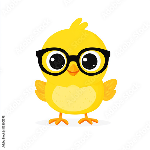 A cheerful, cartoon-style yellow chick wearing black-rimmed glasses on a simple white background, exuding charm and playfulness.