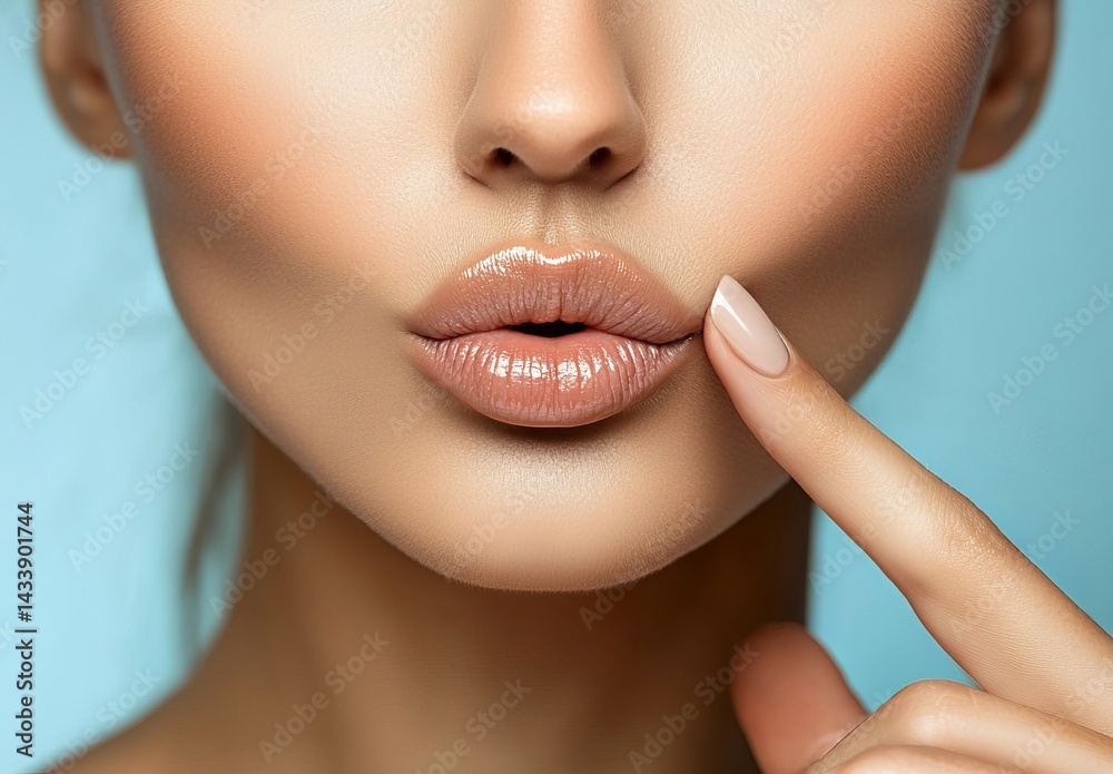 Fototapeta premium Closeup of a young woman with attractive lips set against a colorful backdrop