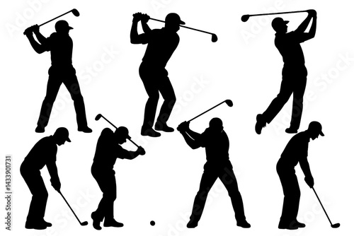 Collection of black silhouette golf swing icons showcasing various poses and techniques for golf enthusiasts and designers