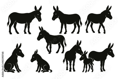 Collection of black silhouette icons featuring donkeys in various poses and sizes