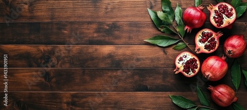 Juicy pomegranates with vibrant red arils arranged on a rustic wooden surface, complemented by lush green leaves
