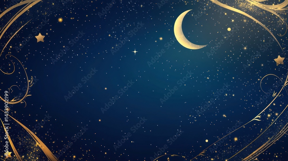 Naklejka premium Night sky, crescent moon, stars, golden frame, celestial background, website banner