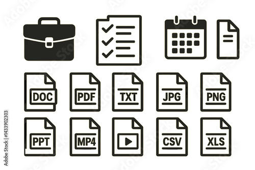 Icon set featuring various document types, tools, and scheduling elements for business and productivity applications