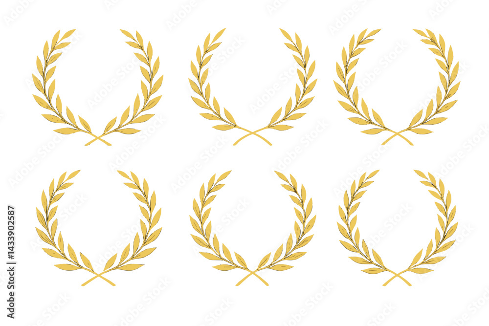 Golden laurel wreath icon set suitable for awards, achievements, and recognition designs Golden laurel wreath icon set suitable for awards, achievements, and recognition designs