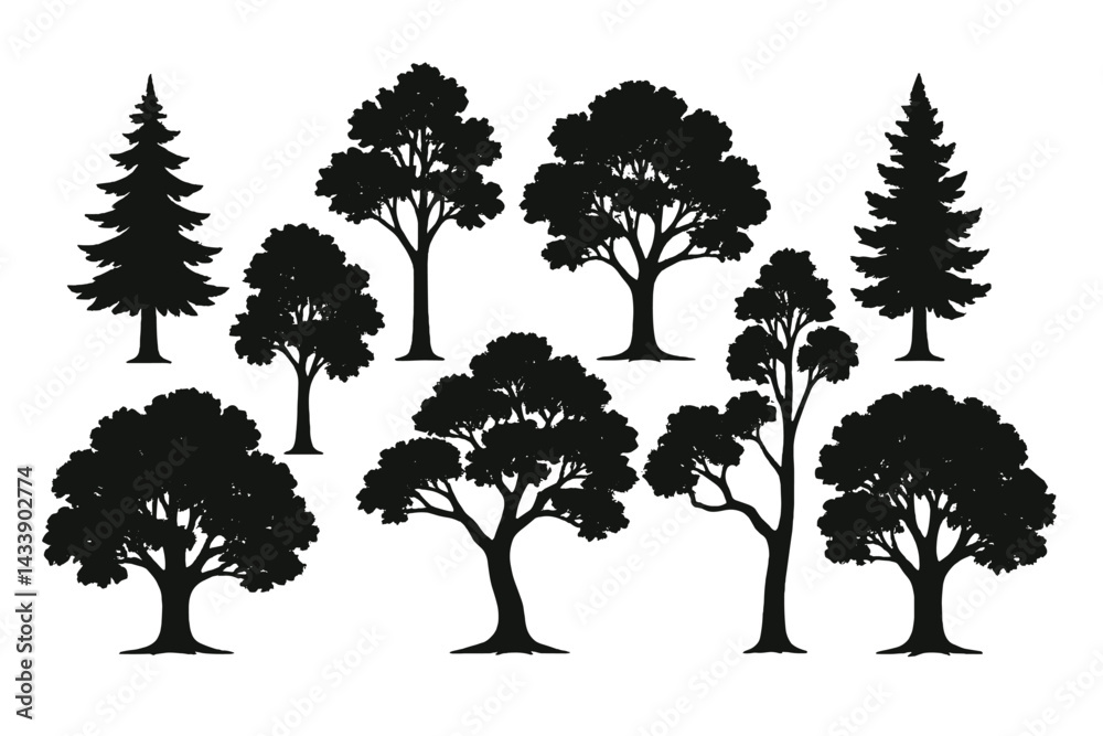 Obraz premium Icon set featuring various tree silhouettes for design and illustration projects