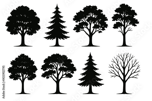 Collection of diverse tree icons in silhouette style suitable for various design projects and themes