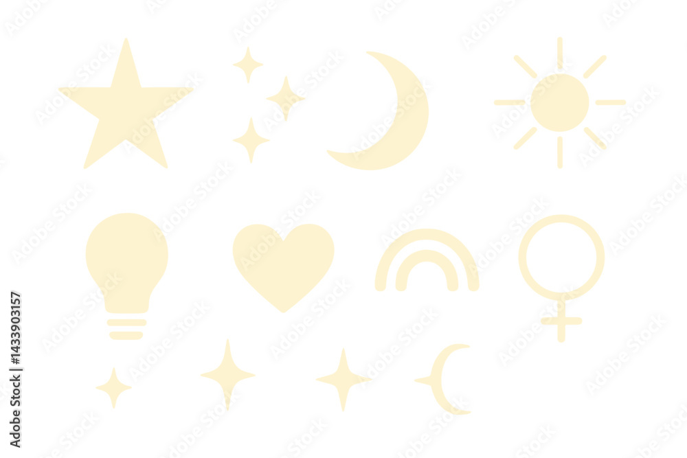 Unique icon set featuring celestial symbols, light bulbs, and hearts designed for various creative applications Unique icon set featuring celestial symbols, light bulbs, and hearts designed for various creative applications
